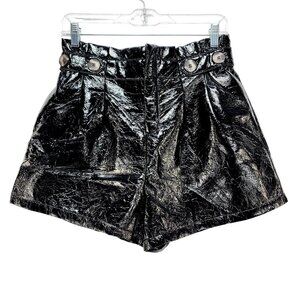 Shiny Black Faux Leather High-Waisted Shorts With Button Details Size L